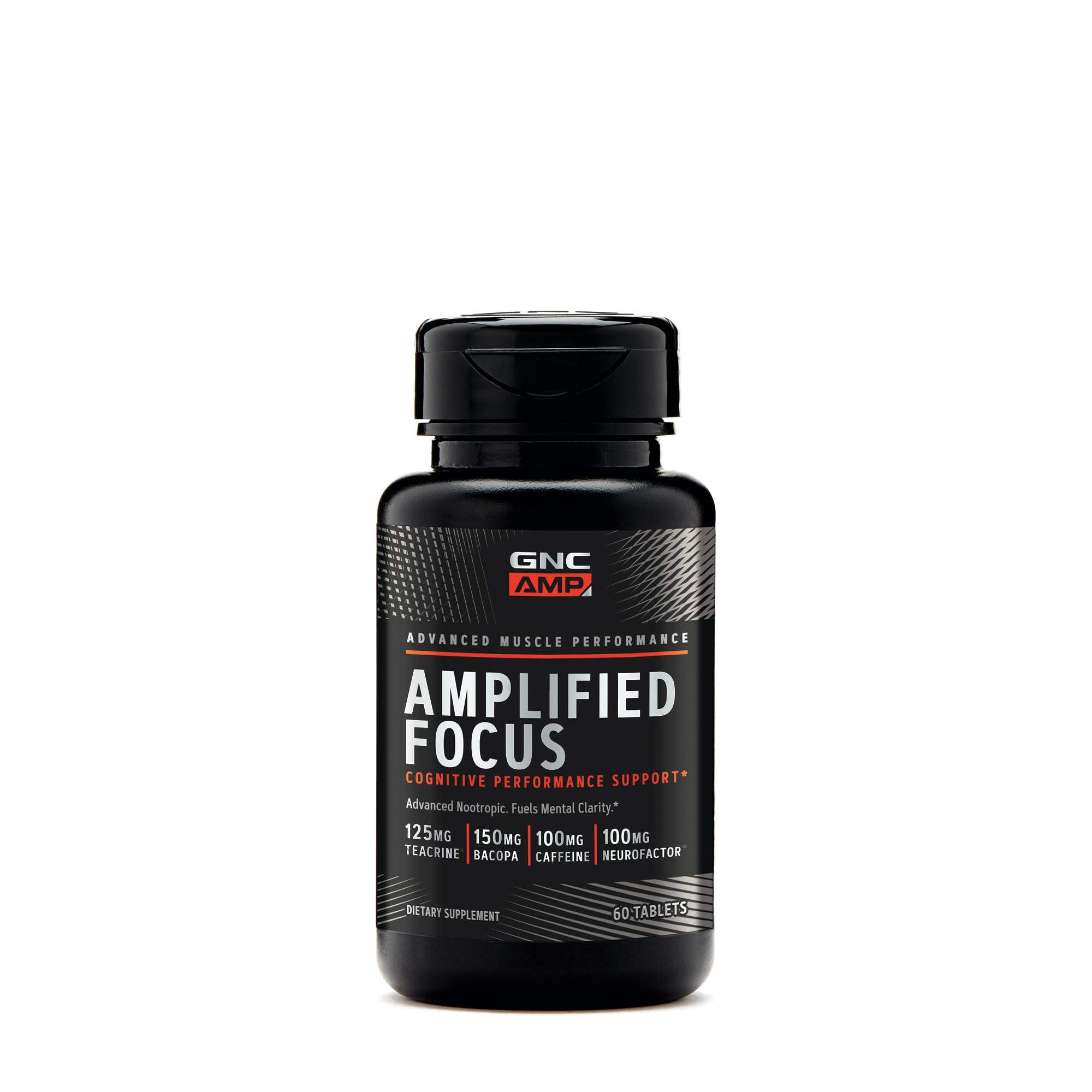 GNC AMP Amplified Focus tablets bottle view highlighting daily focus support