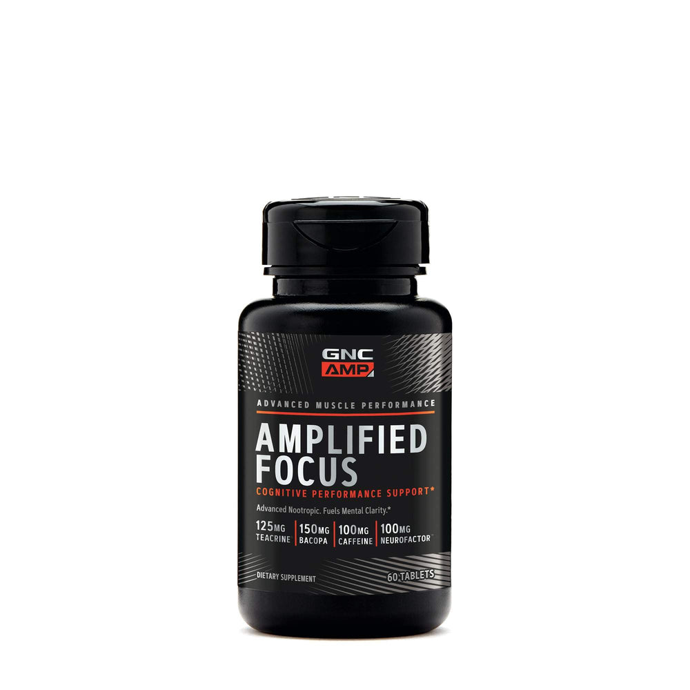 GNC AMP Amplified Focus tablets bottle view highlighting daily focus support