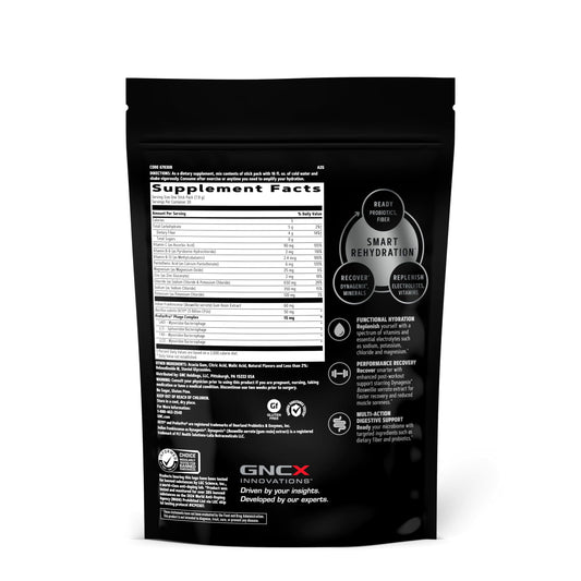 Pouring GNC AMP Amplified Hydration into a glass for quick, functional hydration
