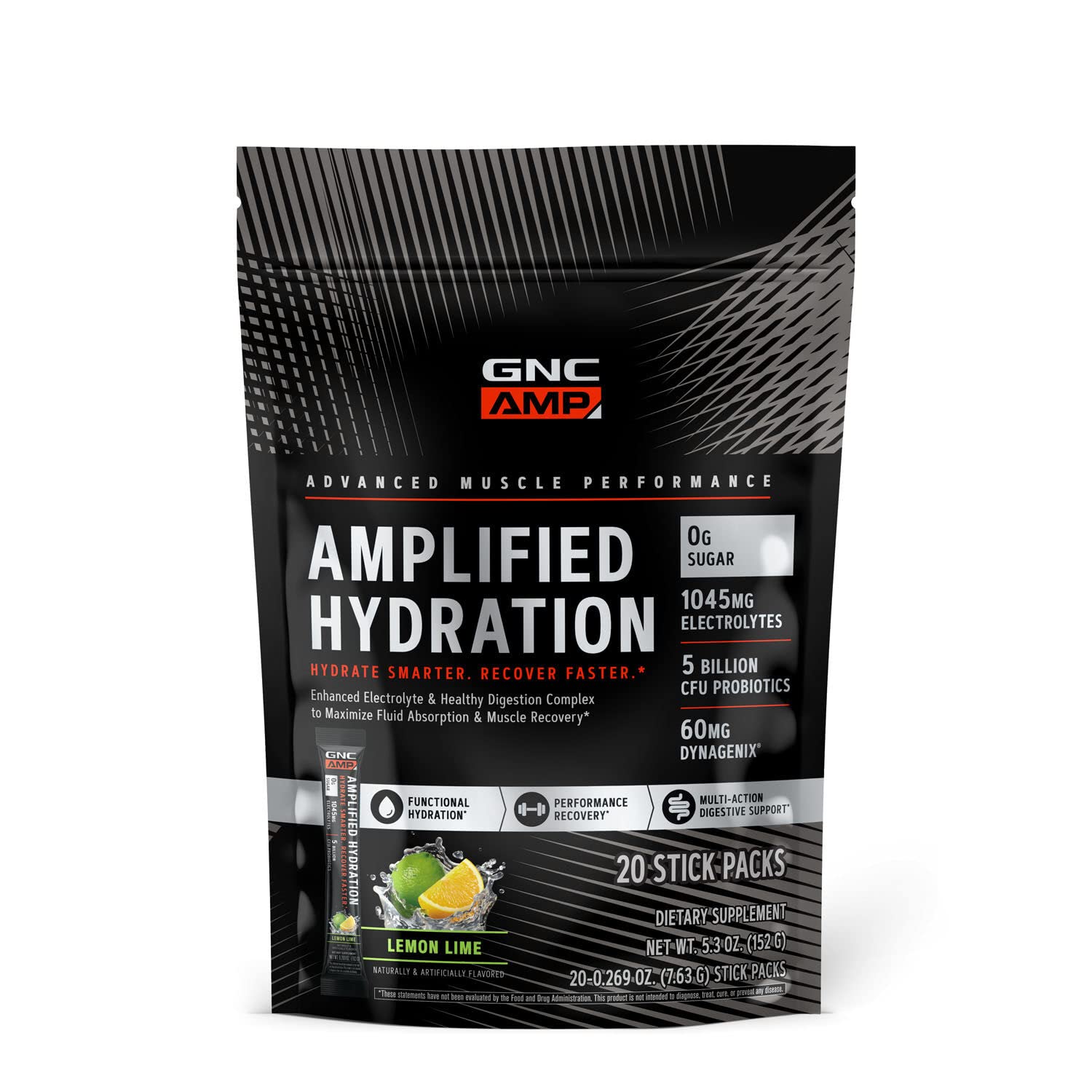 GNC AMP Amplified Hydration powder tub with lemon lime flavor and electrolytes for refreshing replenishment