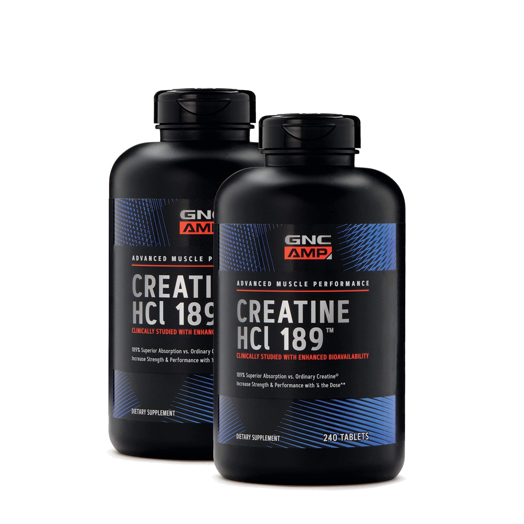 GNC AMP Creatine HCl 189 bottle front showing label and branding for workout support