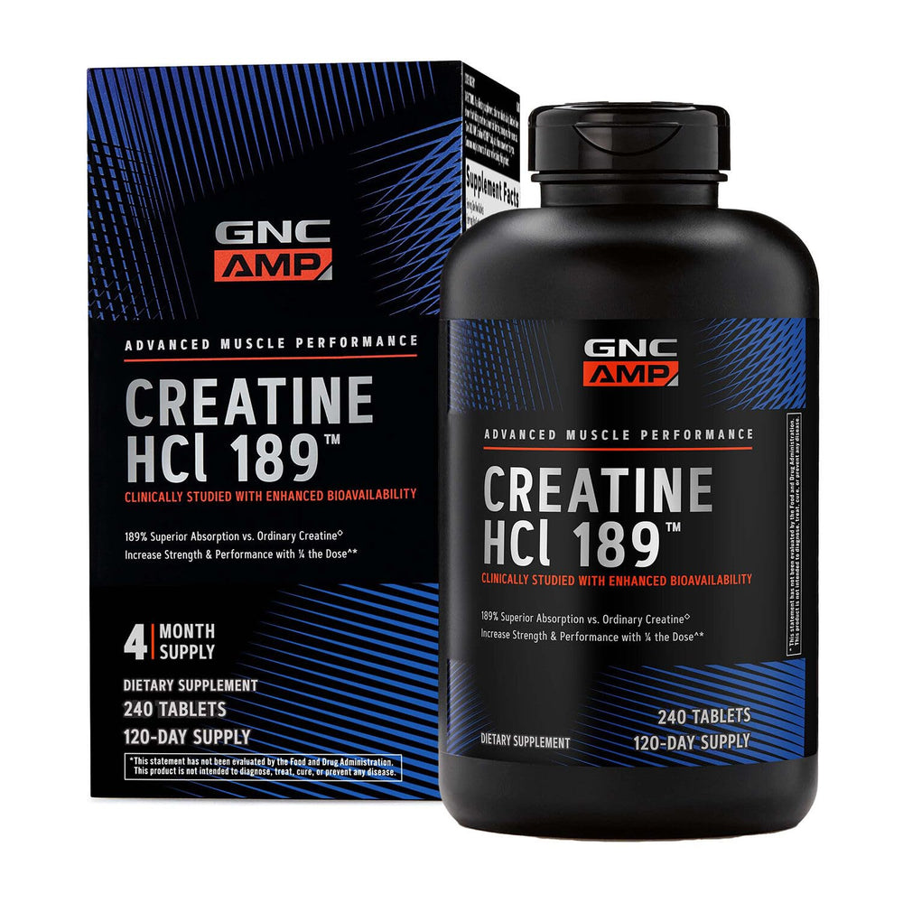 GNC AMP Creatine HCl 189 pills bottle front suggests stronger workouts.