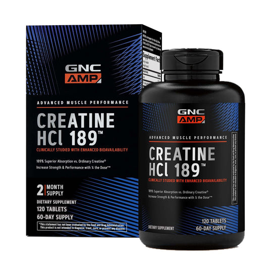 GNC AMP Creatine HCl 189 pills bottle – fast-absorbing formula for workouts