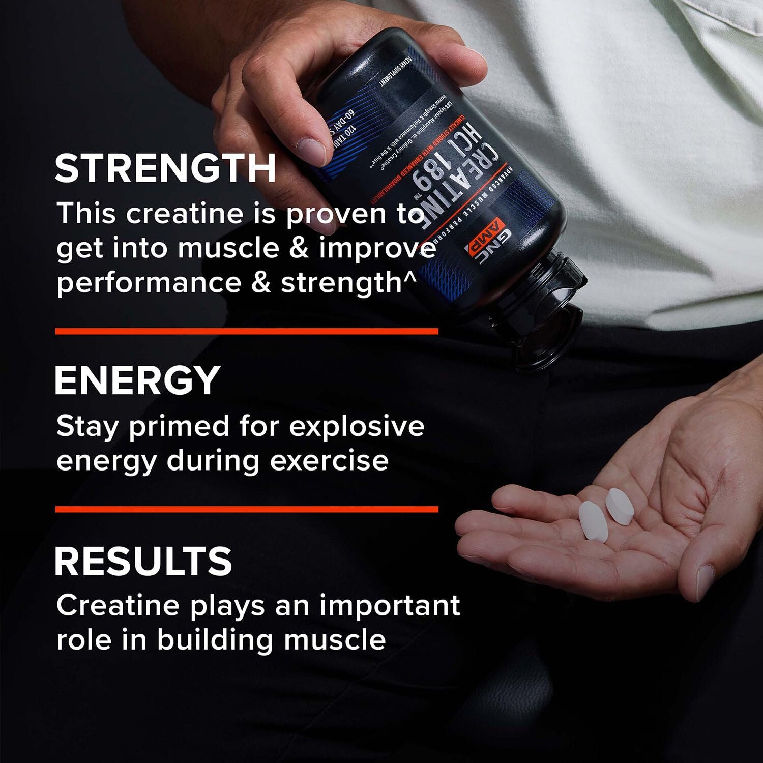 GNC AMP Creatine HCl 189 pills packaging front – clear serving information