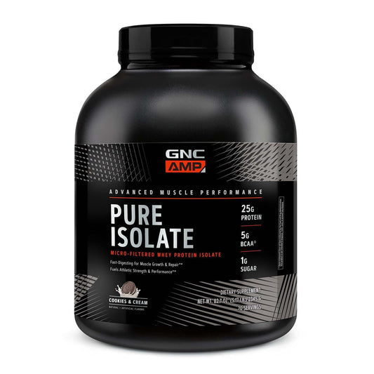 GNC AMP Pure Isolate cookies cream bottle for post-workout protein support.