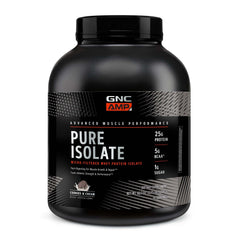GNC AMP Pure Isolate cookies cream bottle for post-workout protein support.