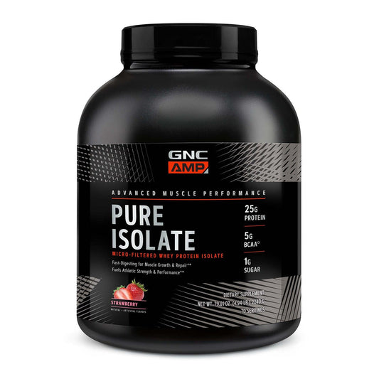 GNC AMP Pure Isolate Strawberry tub front shows a high-protein option for active lifestyles