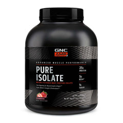 GNC AMP Pure Isolate Strawberry tub front shows a high-protein option for active lifestyles