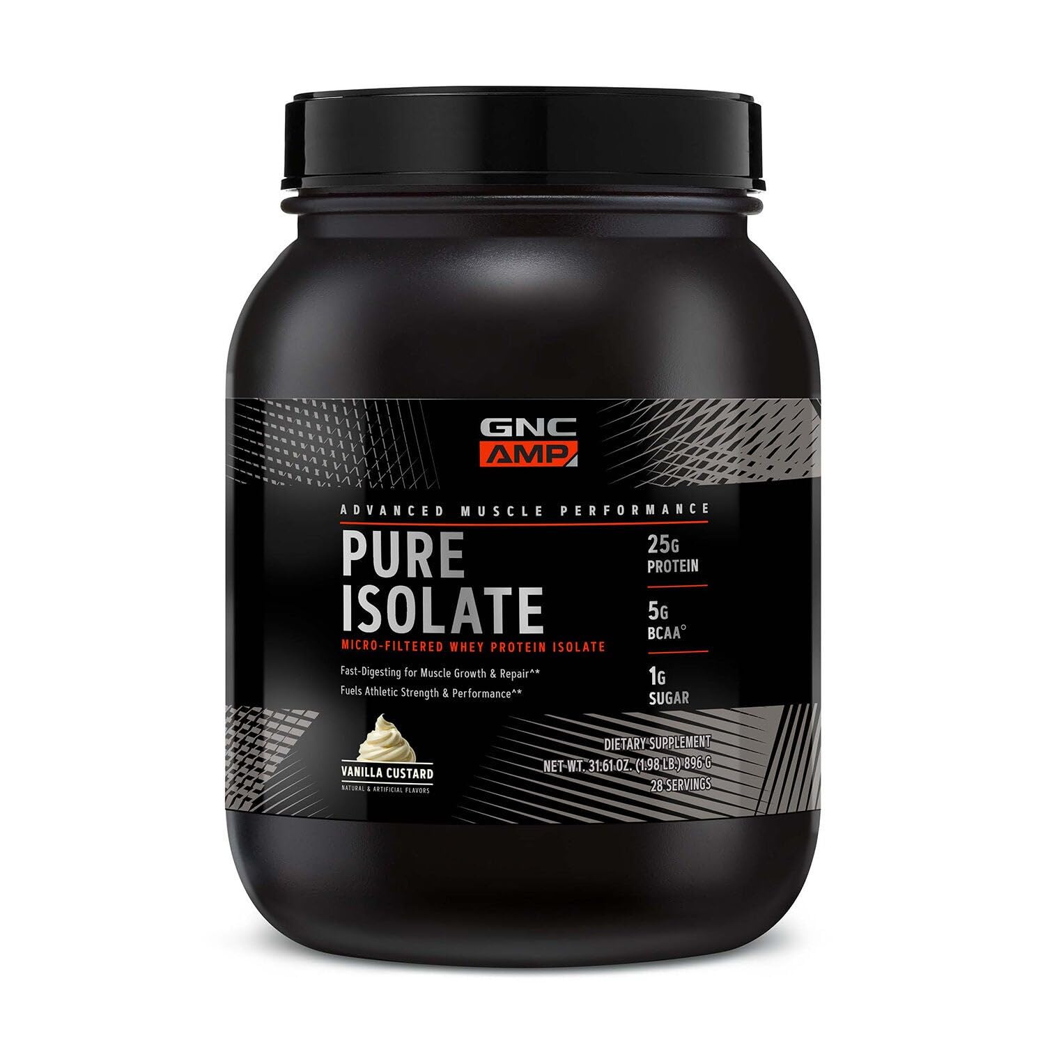 GNC AMP Pure Isolate Whey Vanilla Custard jar highlighting a high-quality protein option for fitness recovery