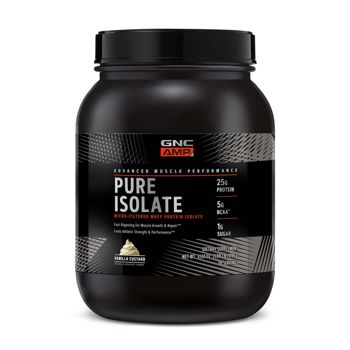 GNC AMP Pure Isolate Whey Vanilla Custard jar highlighting a high-quality protein option for fitness recovery