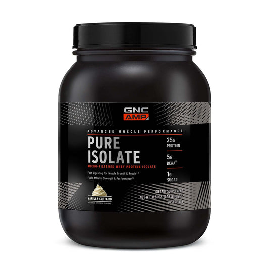 GNC AMP Pure Isolate Whey Vanilla Custard jar highlighting a high-quality protein option for fitness recovery