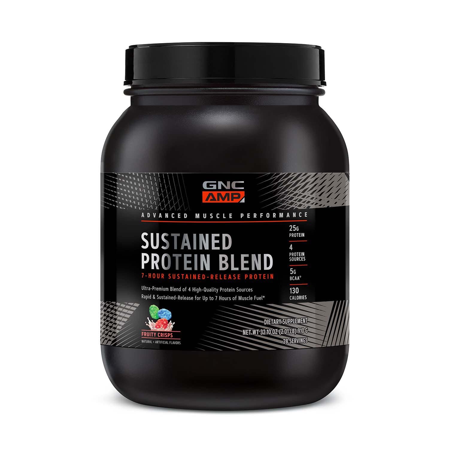 GNC AMP Sustained Cinnamon Toast bottle showing multi-source protein blend for day-long support