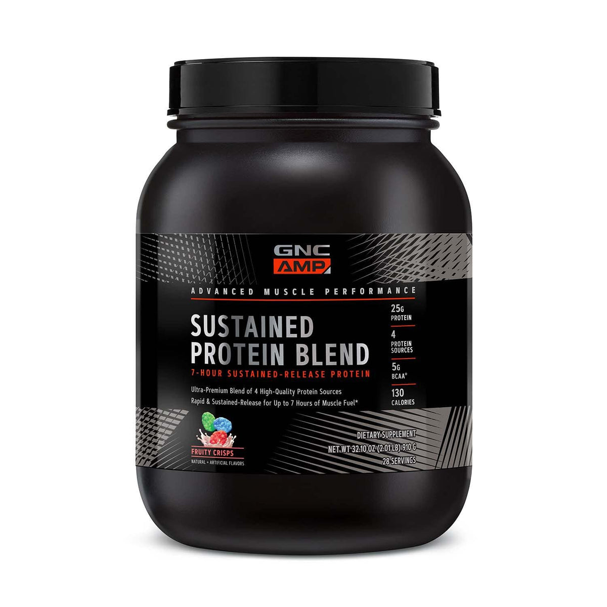 GNC AMP Sustained Cinnamon Toast bottle showing multi-source protein blend for day-long support