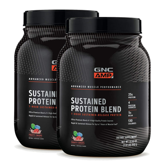 GNC AMP Sustained Cinnamon Toast bottle shows steady protein delivery for daily recovery.
