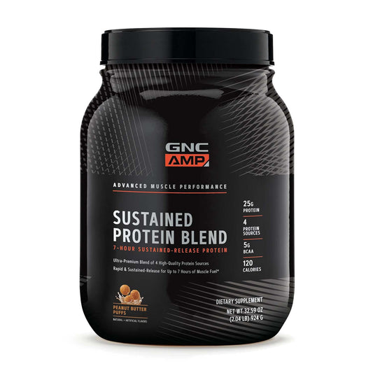 GNC AMP Cinnamon Toast bottle showing seven-hour protein release for steady energy
