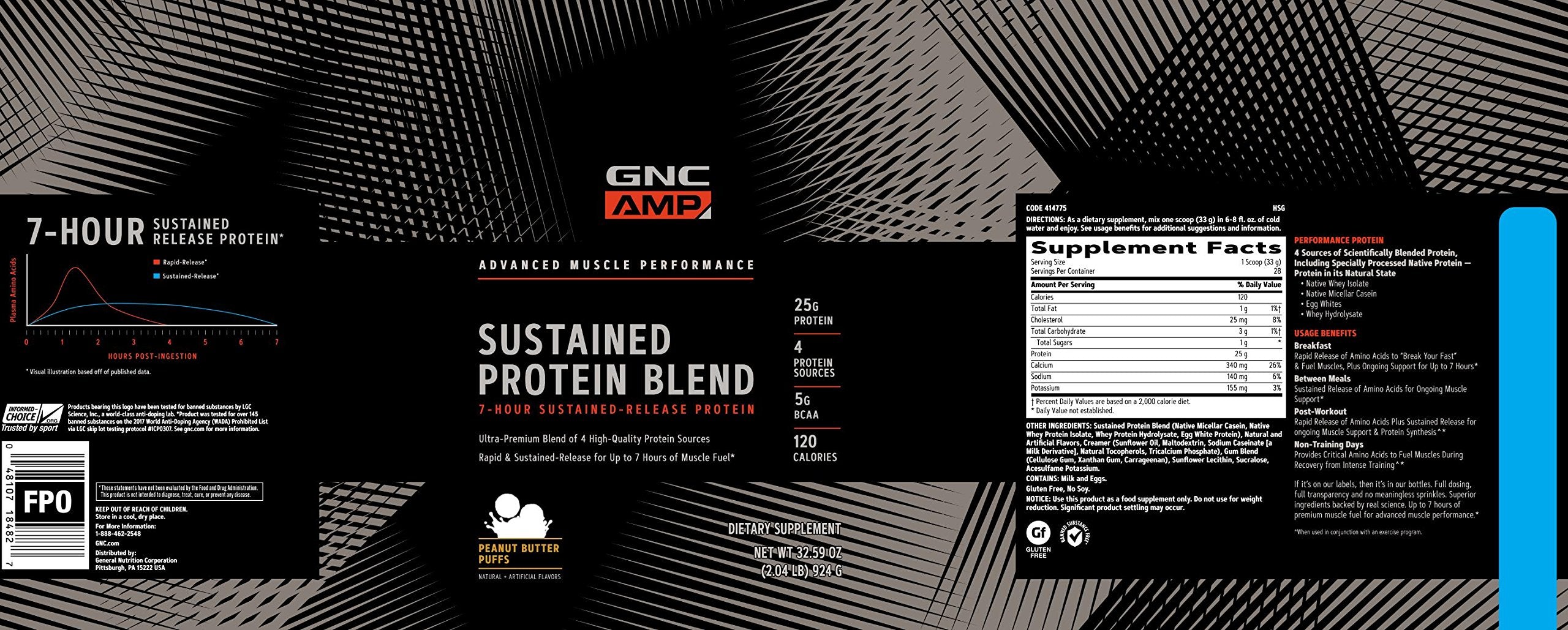 GNC AMP Cinnamon Toast servings container highlighting 28 servings for daily protein support