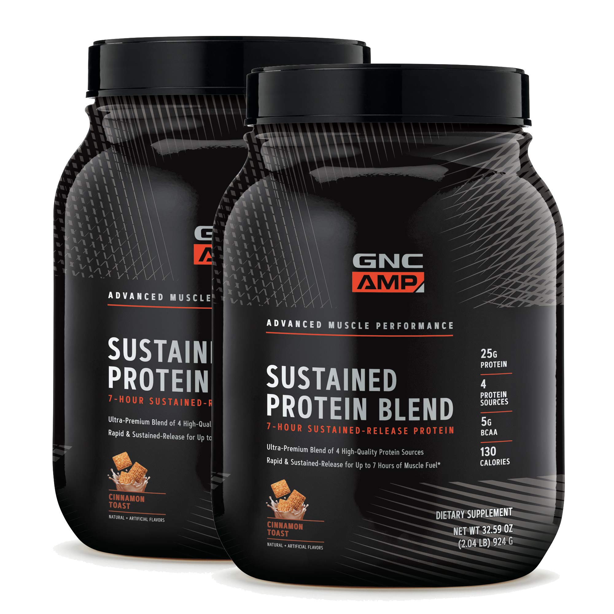 GNC AMP Sustained Protein Blend Cinnamon Toast bottle back highlights nutrition panel and gluten-free formula.