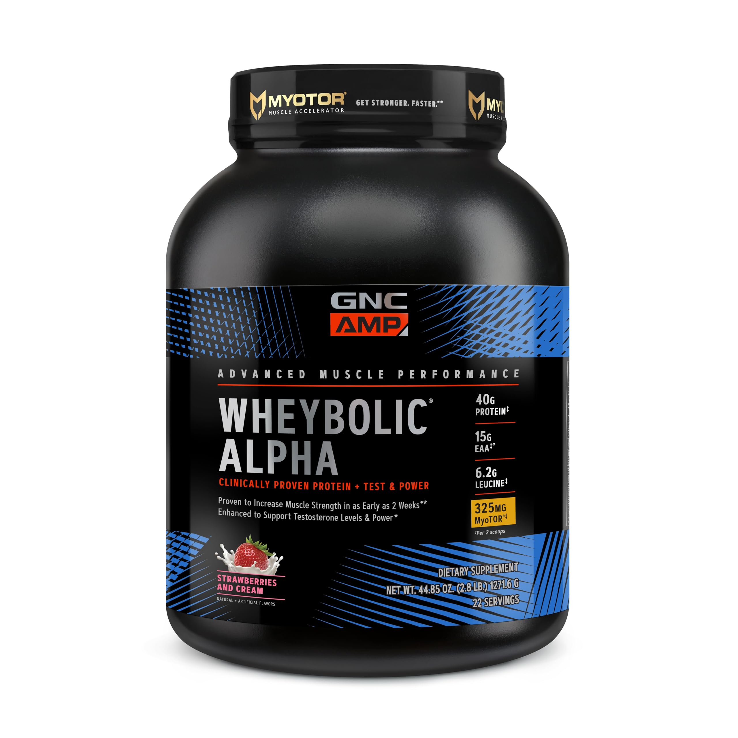 GNC AMP Wheybolic Alpha bottle close-up showing premium protein for workouts.
