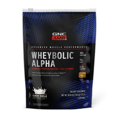 GNC AMP Wheybolic Alpha bottle front showing premium protein for muscle support