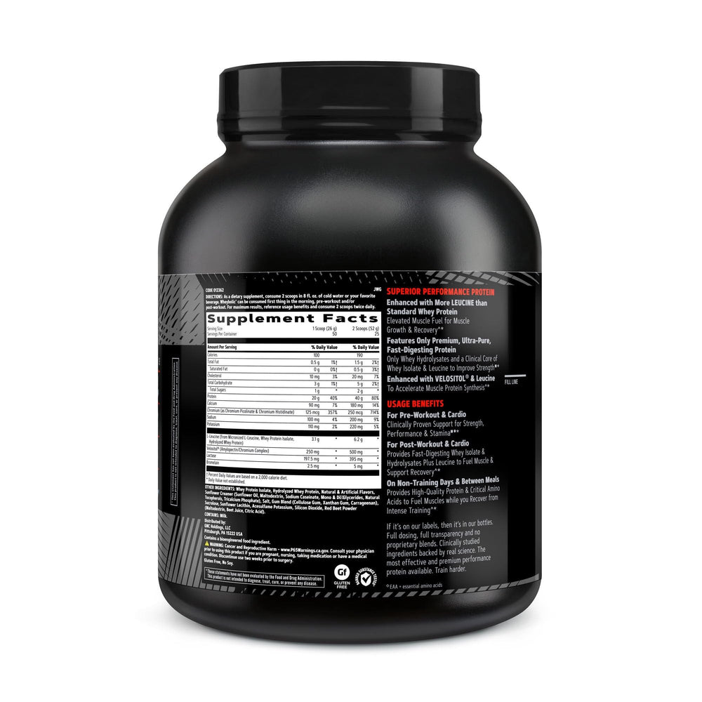 GNC AMP Wheybolic bottle back with nutrition panel and gluten-free note.