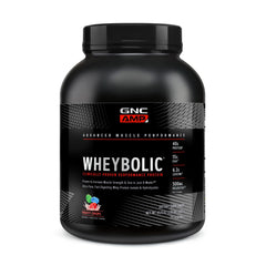 GNC AMP Wheybolic bottle front showing protein and leucine focus for muscle support.