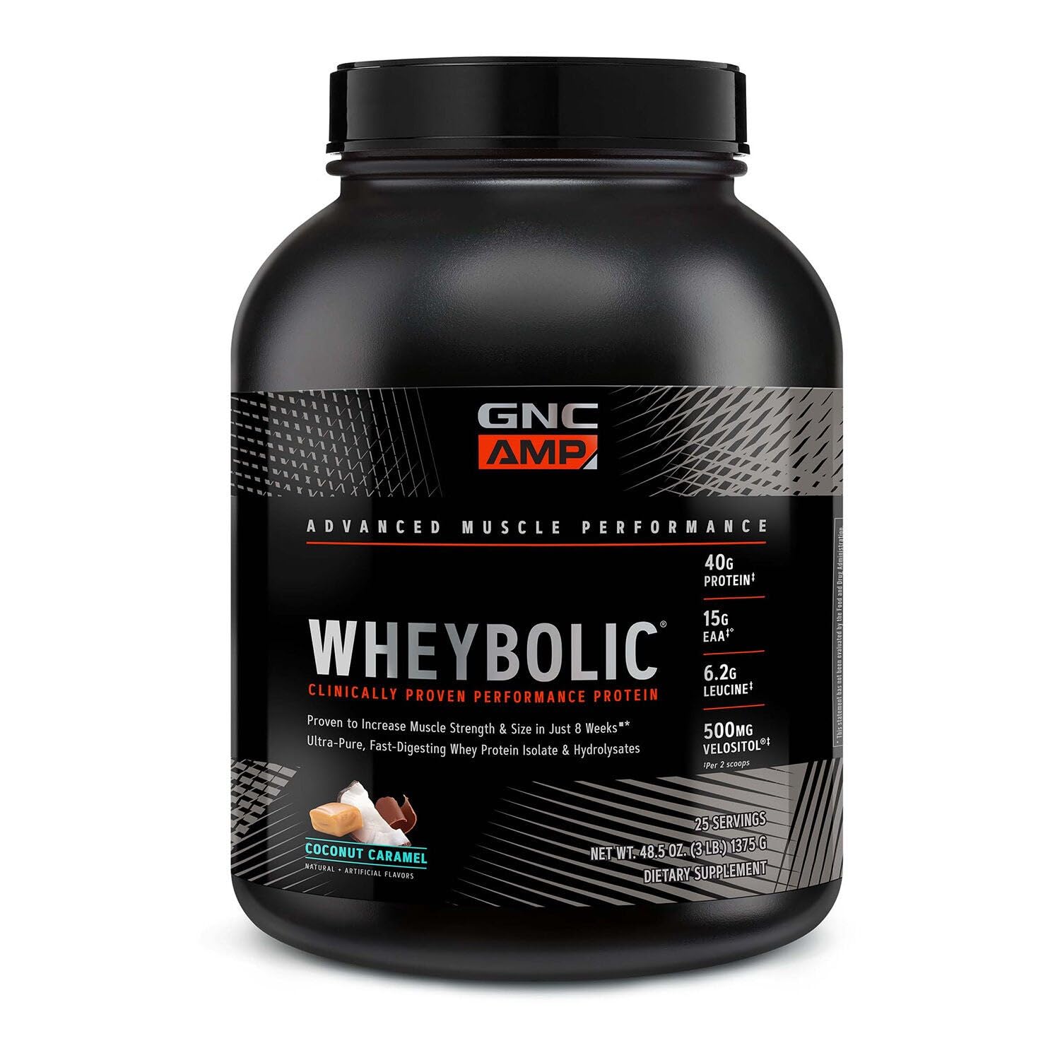 GNC AMP Wheybolic coconut caramel tub ready for post-workout use