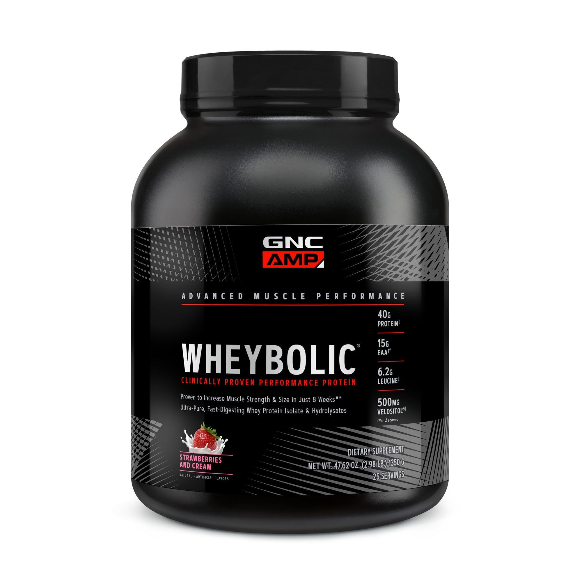 GNC AMP Wheybolic container showing strawberries and cream flavor for muscle support