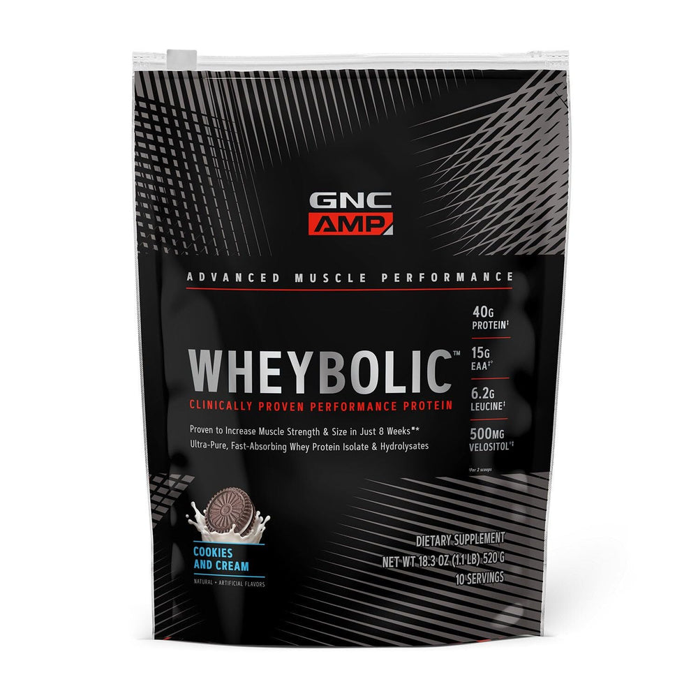 GNC AMP Wheybolic cookies and cream tub for muscle support during workouts.