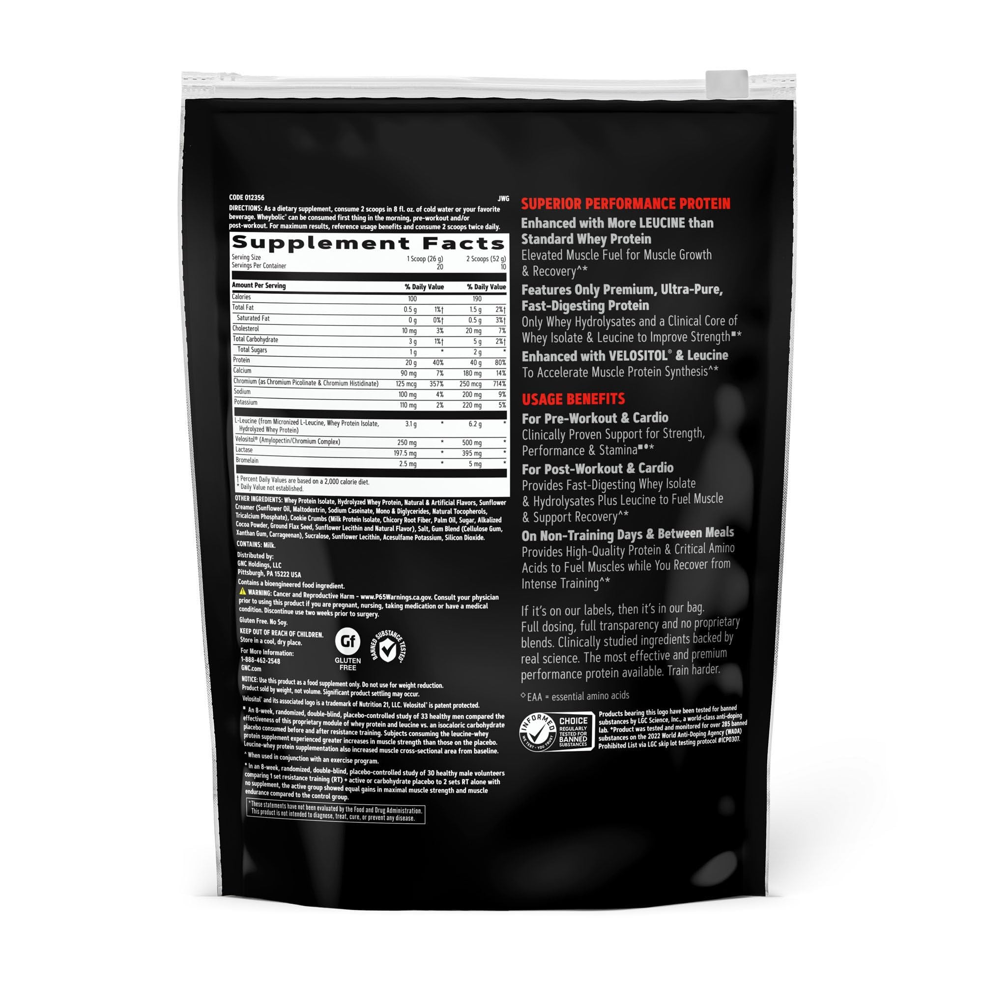 GNC AMP Wheybolic label closeup showing protein and leucine details.