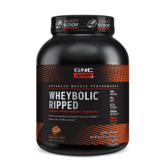 GNC AMP Wheybolic Ripped Chocolate Fudge front label highlights premium protein for workouts