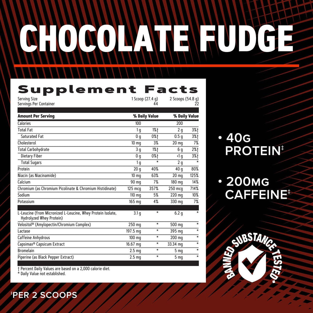 GNC AMP Wheybolic Ripped Chocolate Fudge tub open view demonstrates quick shake preparation