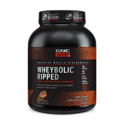 GNC AMP Wheybolic Ripped chocolate peanut butter tub front for support