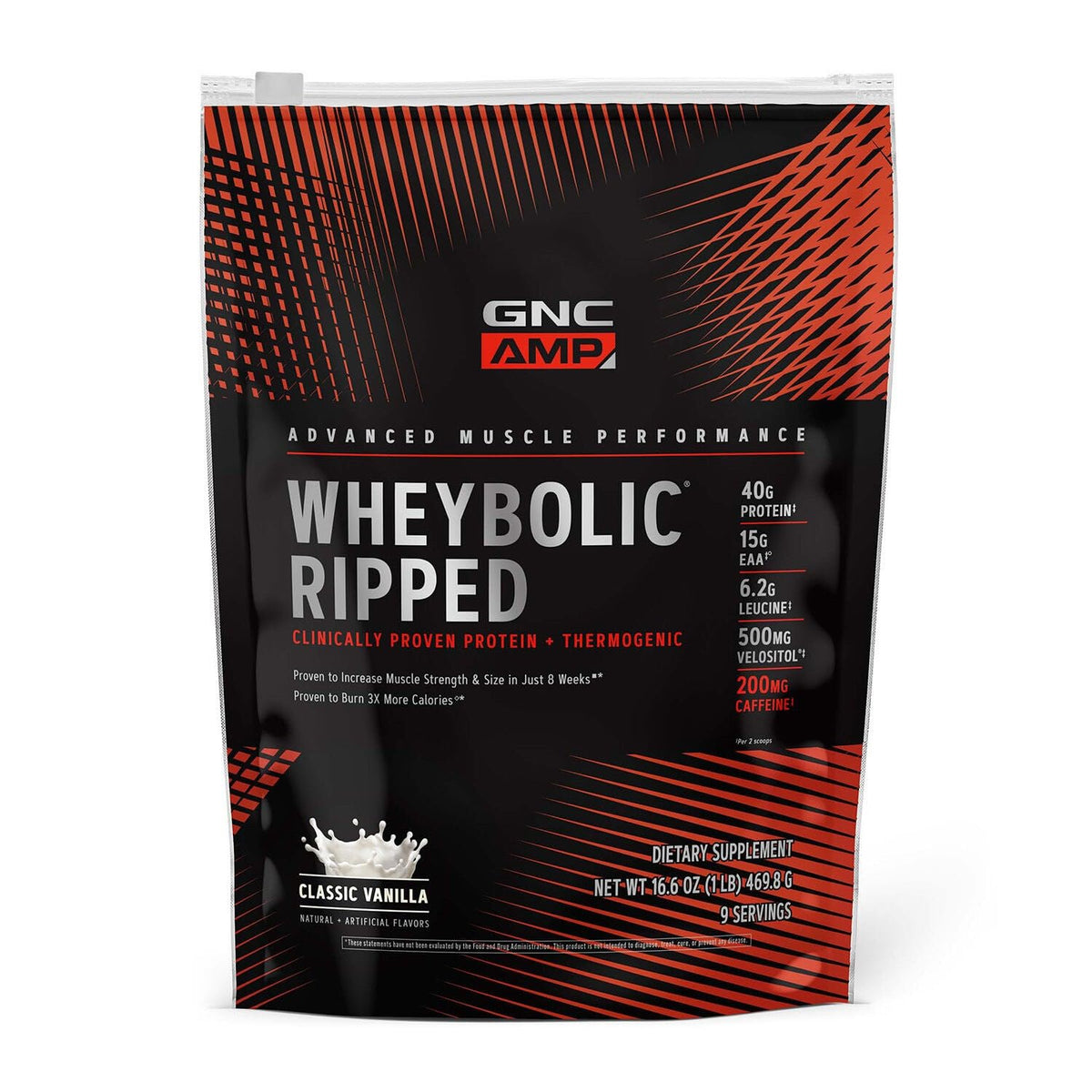 GNC AMP Wheybolic Ripped Classic Vanilla bottle with 9 servings for convenient fueling.
