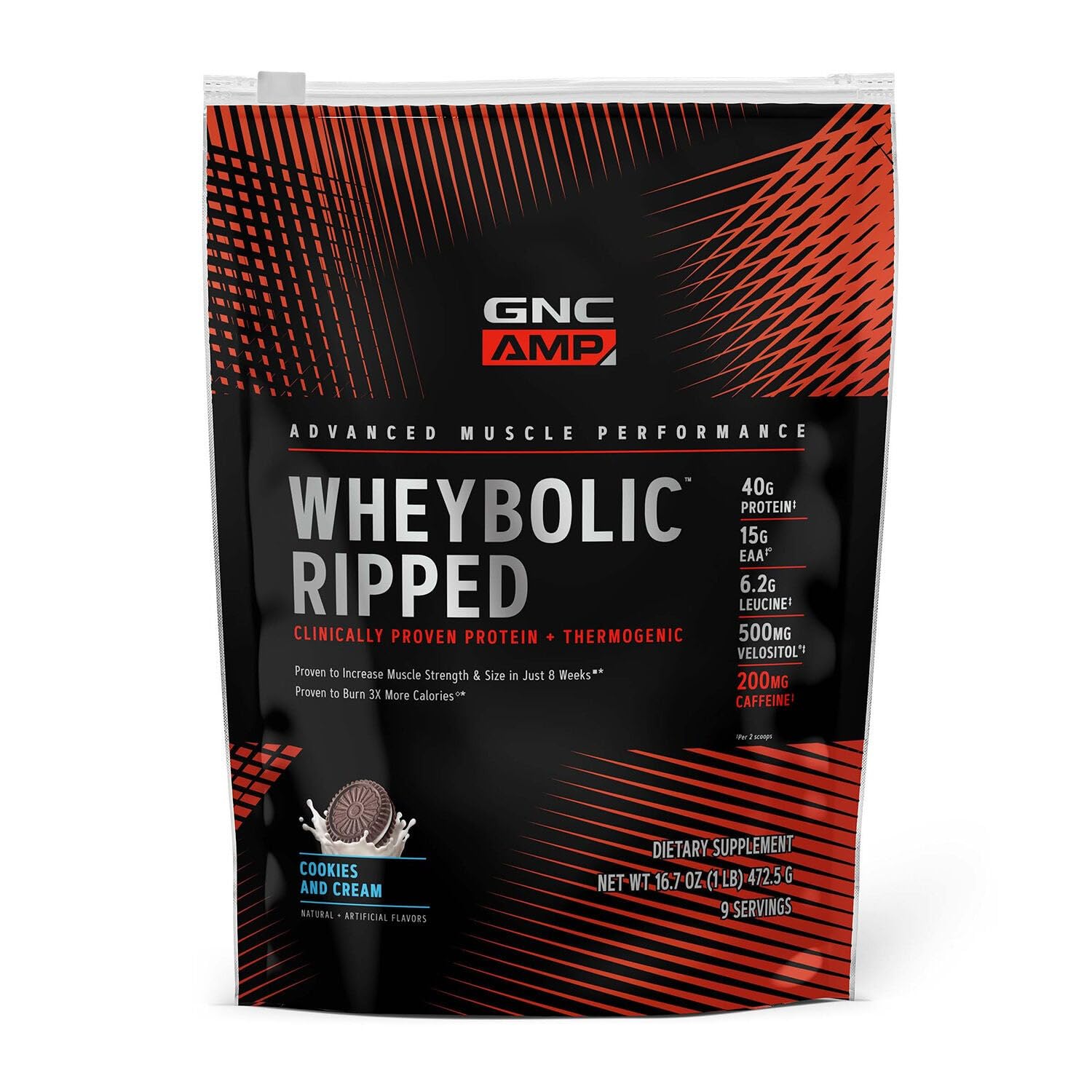 GNC AMP Wheybolic Ripped Cookies and Cream tub showing strength-focused packaging and flavor appeal