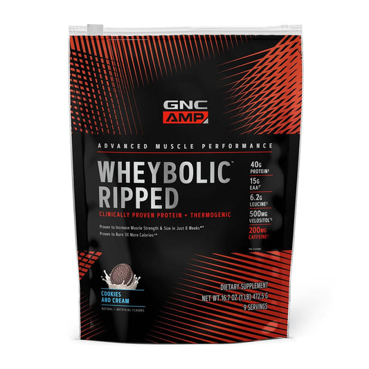 GNC AMP Wheybolic Ripped Cookies and Cream tub showing strength-focused packaging and flavor appeal
