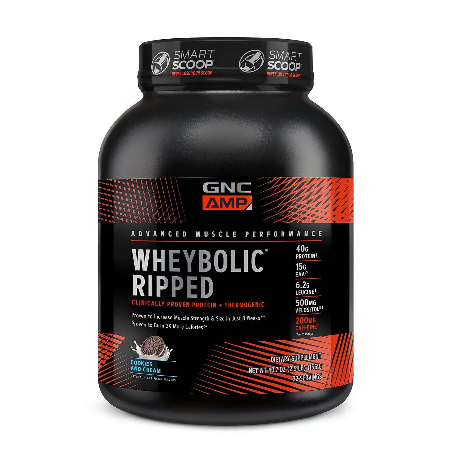 GNC AMP Wheybolic Ripped Cookies and Cream tub front for post-workout protein