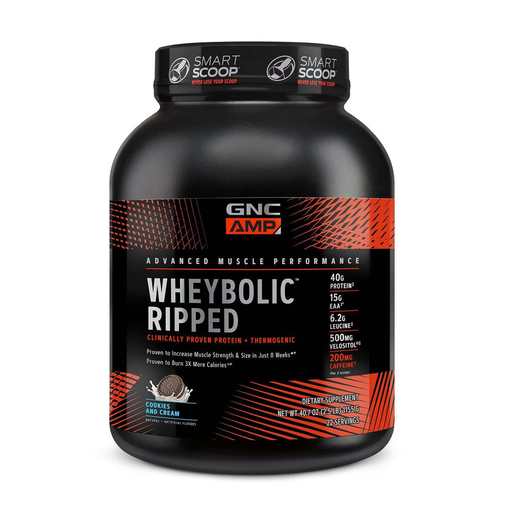 GNC AMP Wheybolic Ripped Cookies and Cream tub front for post-workout protein