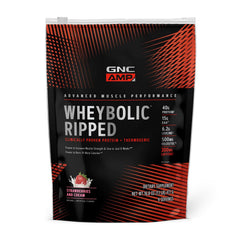 GNC AMP Wheybolic Ripped bottle showing Strawberries & Cream flavor for easy daily protein.