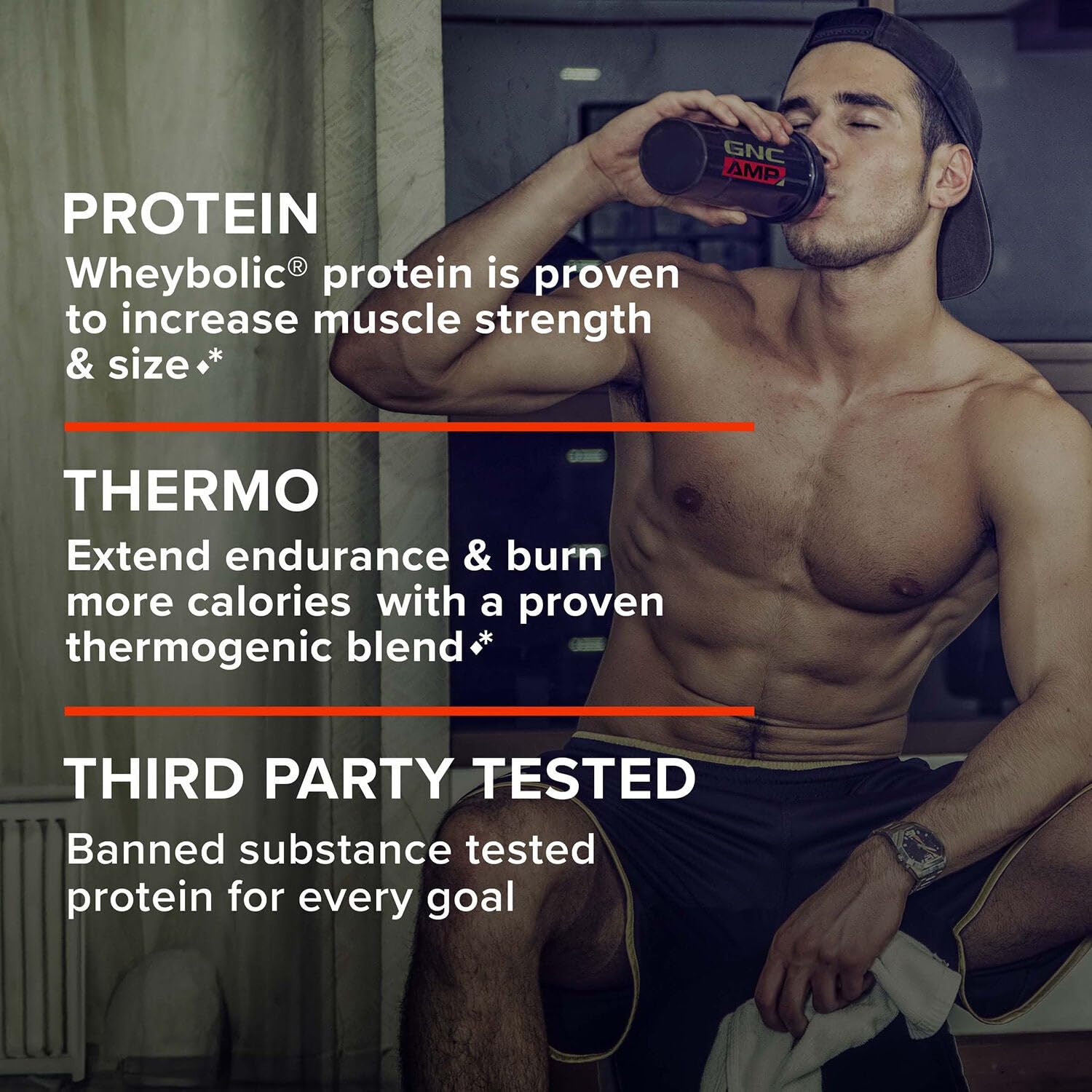 GNC AMP Wheybolic Ripped tub closeup highlighting Strawberries & Cream flavor richness.