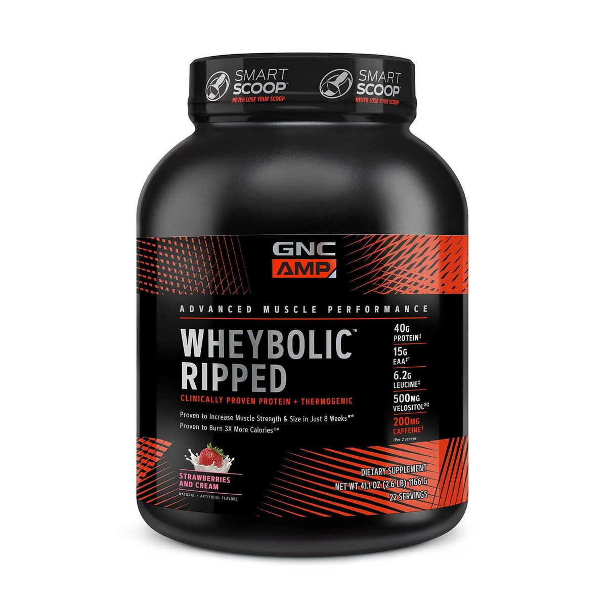 GNC AMP Wheybolic Ripped tub in strawberry cream flavor for everyday protein