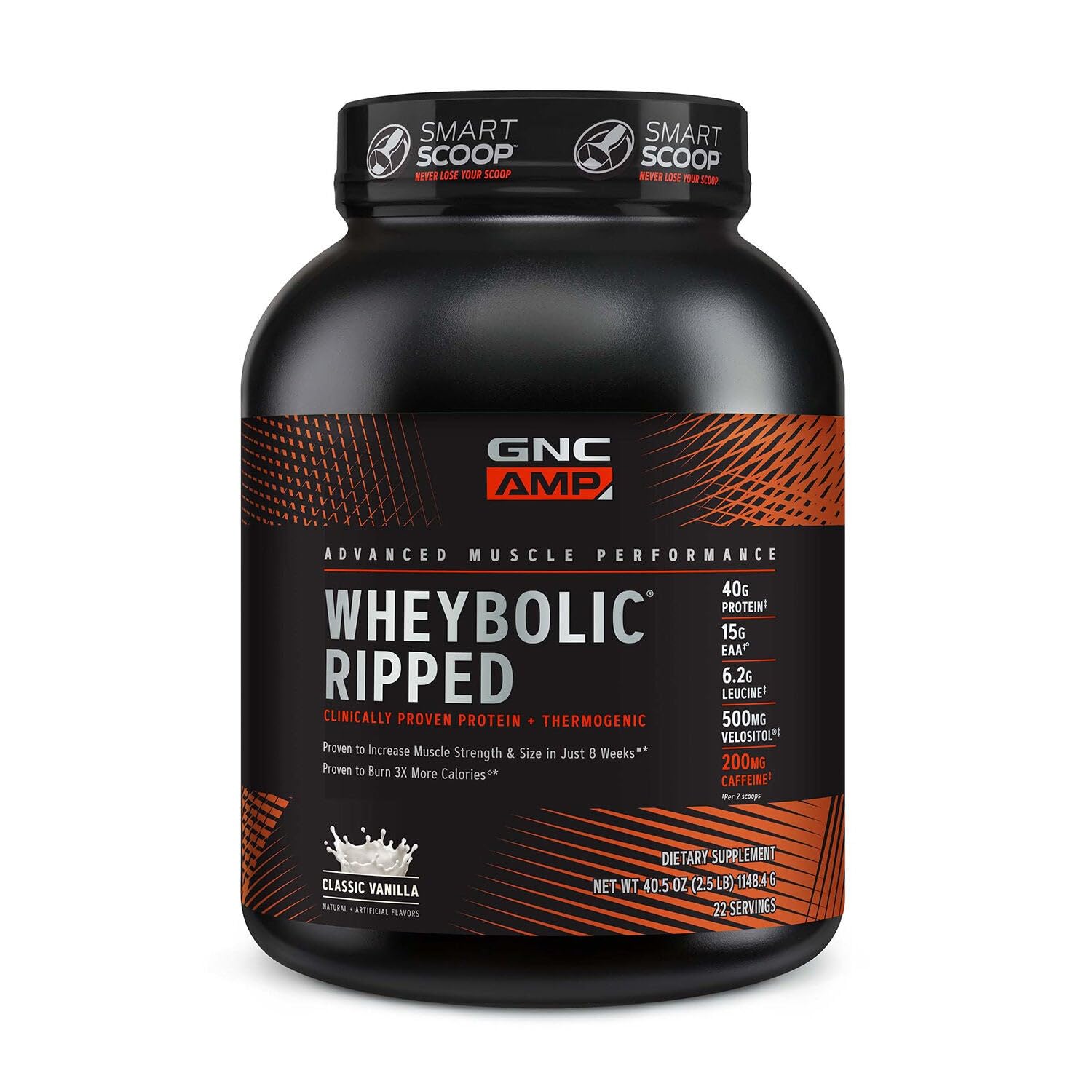 GNC AMP Wheybolic Ripped Vanilla bottle showing protein blend for post-workout nutrition