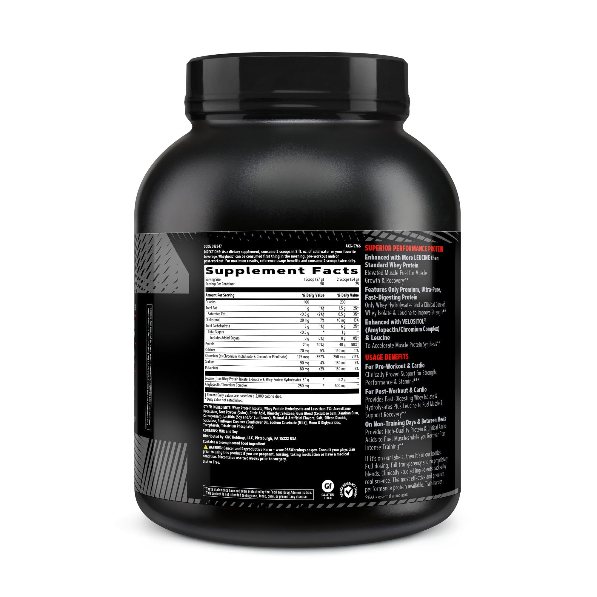 GNC AMP Wheybolic protein tub side view showing packaging details