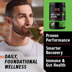 GNC Amplified Greens ICY Lemonade bottle highlighting vegan non GMO formula