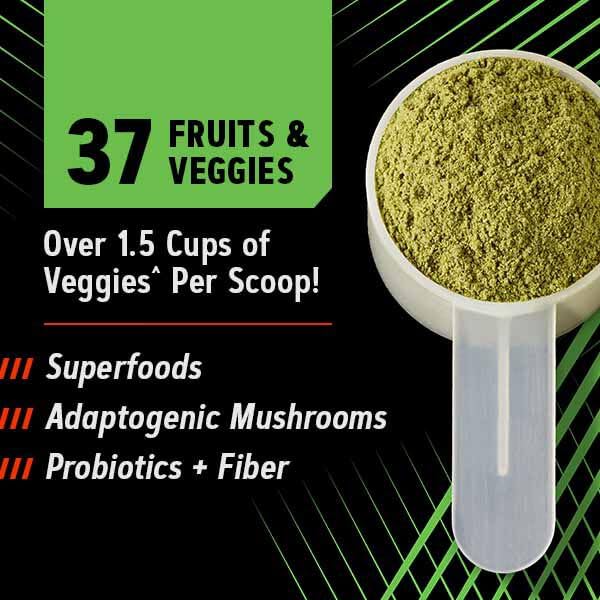 GNC Amplified Greens ICY Lemonade ingredients panel with 37+ fruits and vegetables