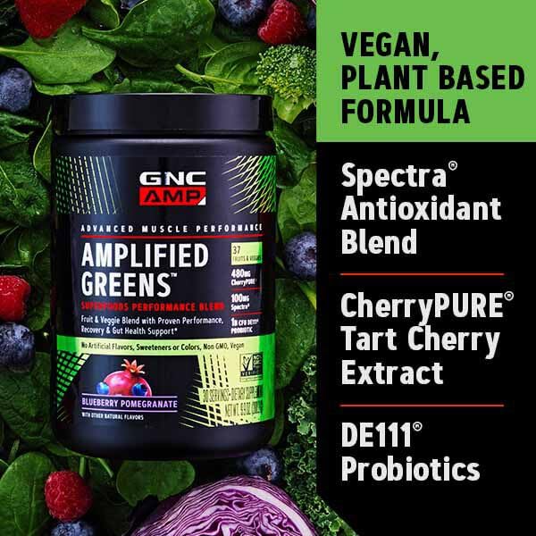 GNC Amplified Greens ICY Lemonade powder close up emphasizing clean formula