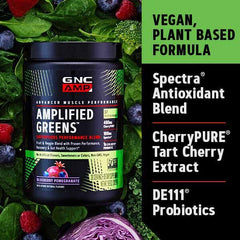 GNC Amplified Greens ICY Lemonade powder close up emphasizing clean formula