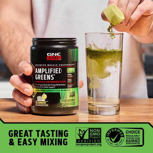 GNC Amplified Greens ICY Lemonade stirring in a shaker for convenient hydration