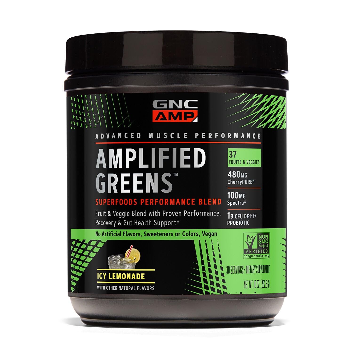 GNC Amplified Greens ICY Lemonade tub for post workout recovery and replenishment