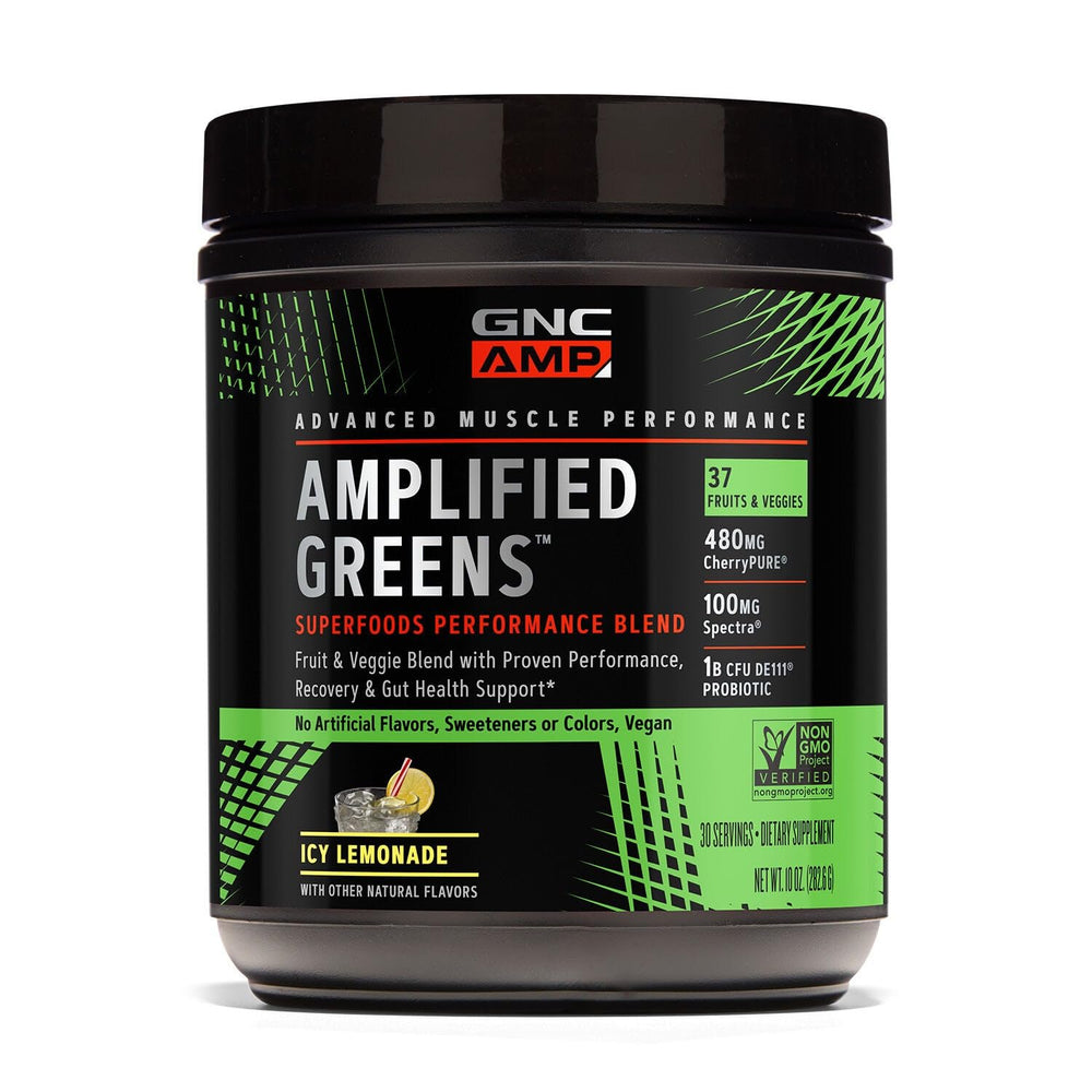 GNC Amplified Greens ICY Lemonade tub for post workout recovery and replenishment