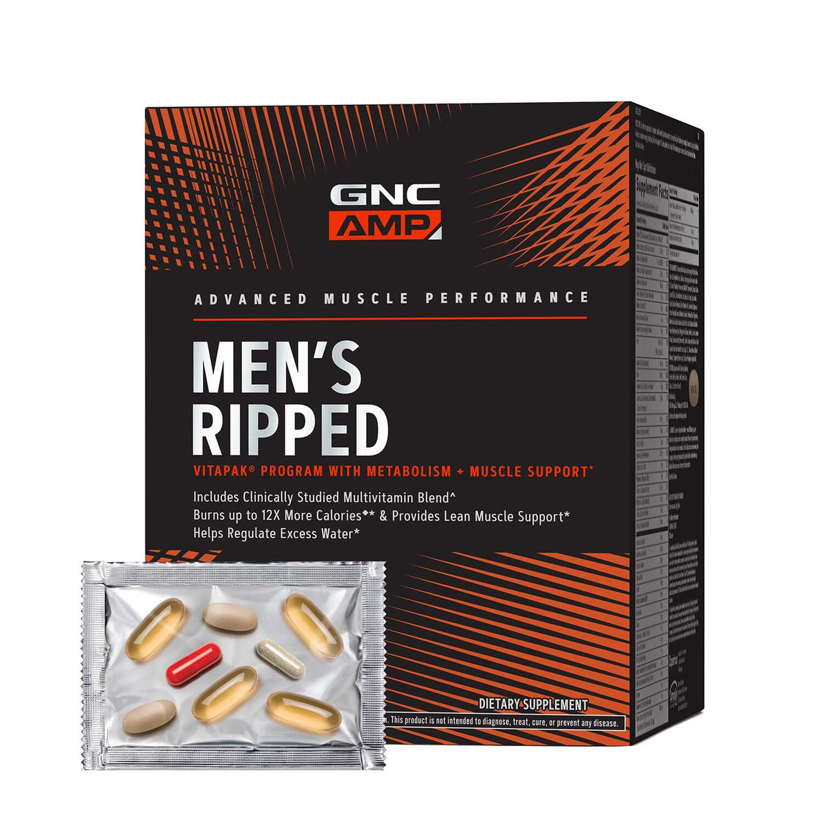 GNC AMP Men’s Ripped Vitapak pack front highlights metabolism boosting ingredients.